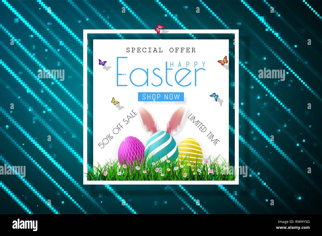 Happy Easter sale banners with realistic Easter rabbir`s ears, vector. Stock Vector